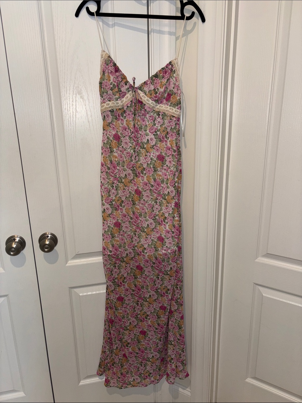 Cottagecore Princess Polly Pink and Green Floral Lace-Trim Maxi Dress